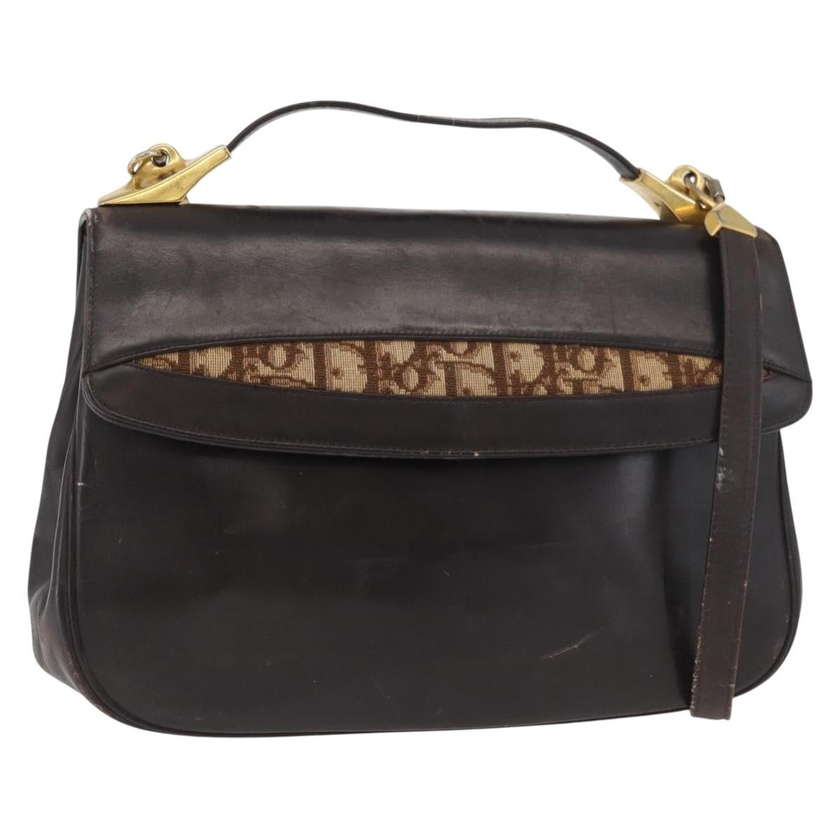 Dior Christian Dior Hand Bag Calf Skin 2way Dark Brown Gold Authentic 180355