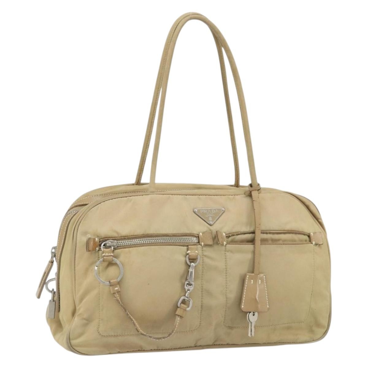 Prada PRADA Hand Bag Nylon Beige Silver Authentic 166752
