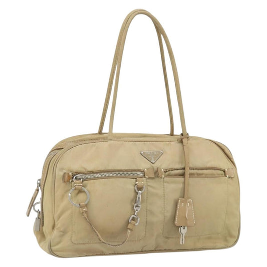 Prada PRADA Hand Bag Nylon Beige Silver Authentic 166752