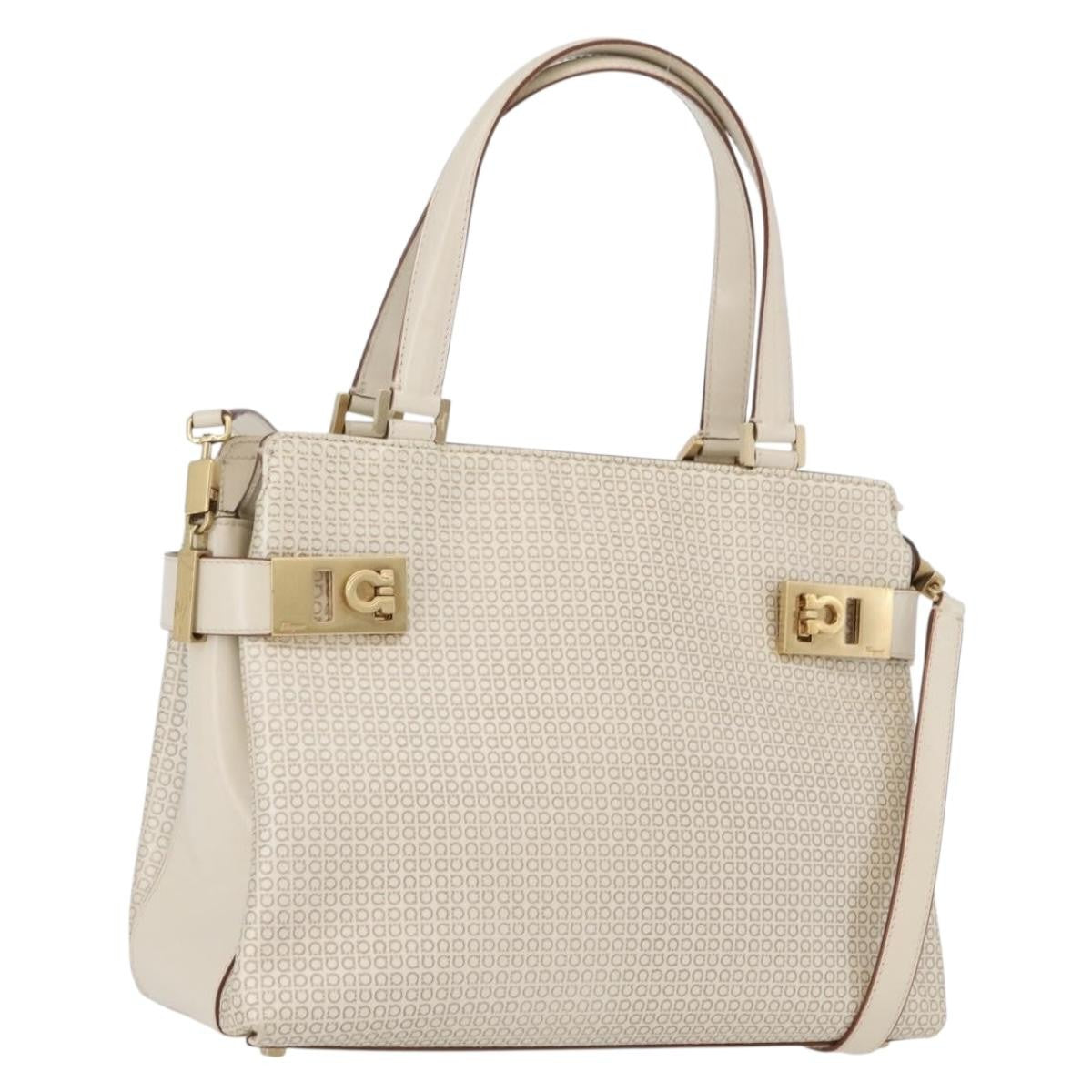 Salvatore Ferragamo Salvatore Ferragamo Gancini Hand Bag Leather 2way Ivory Gold Authentic 172181