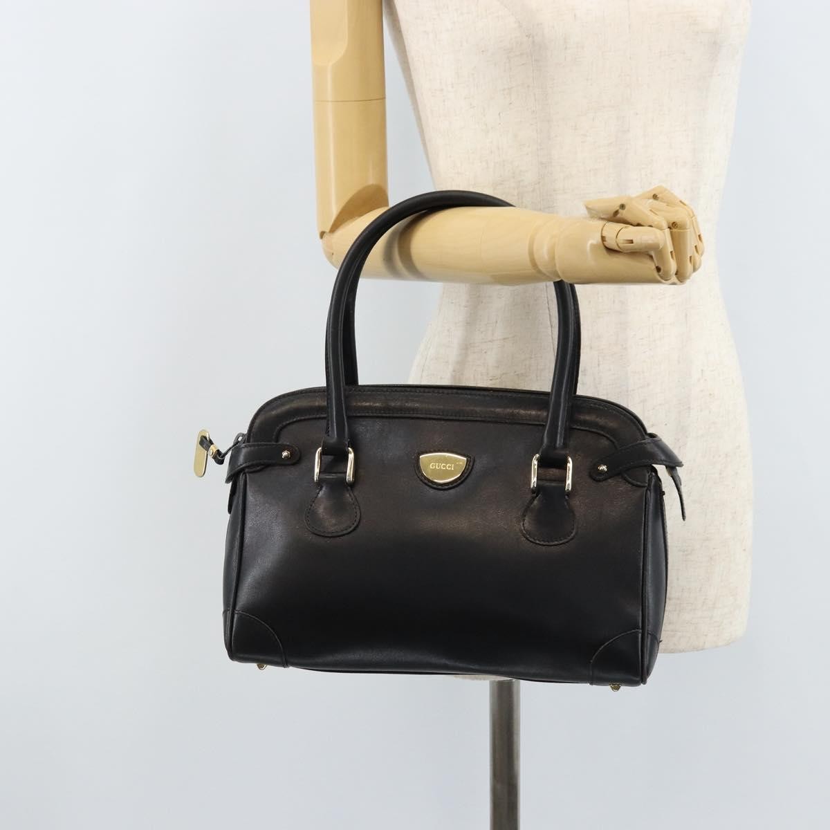 Gucci GUCCI Hand Bag Leather Black Gold Authentic BSZ350