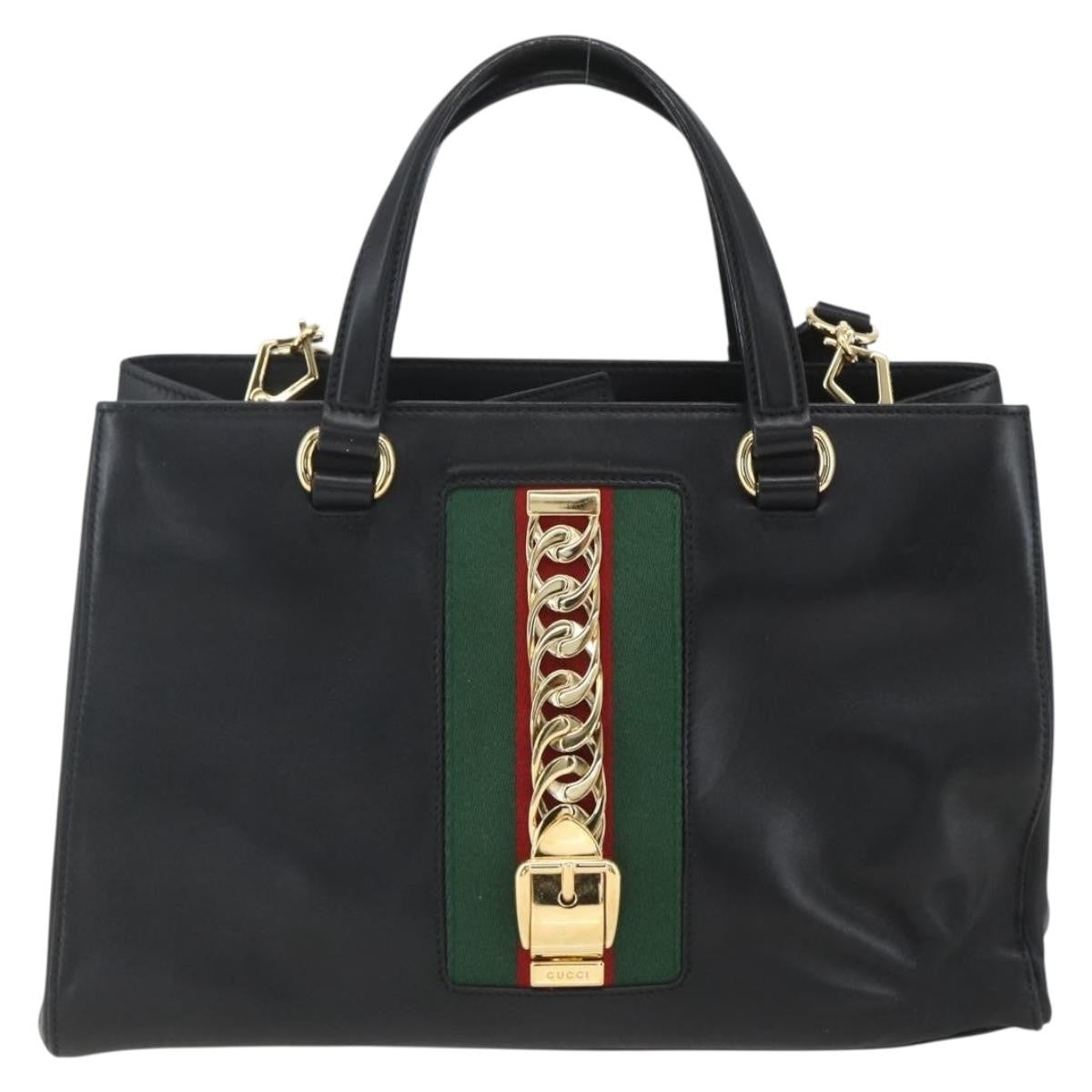 Gucci GUCCI Web Sherry Line Silvi Tote Bag Leather 2way Black Gold 453790 Authentic ki6344