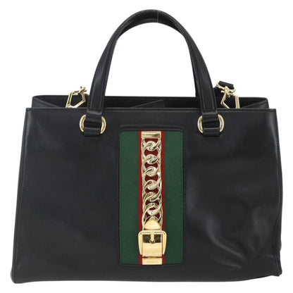 Gucci GUCCI Web Sherry Line Silvi Tote Bag Leather 2way Black Gold 453790 Authentic ki6344