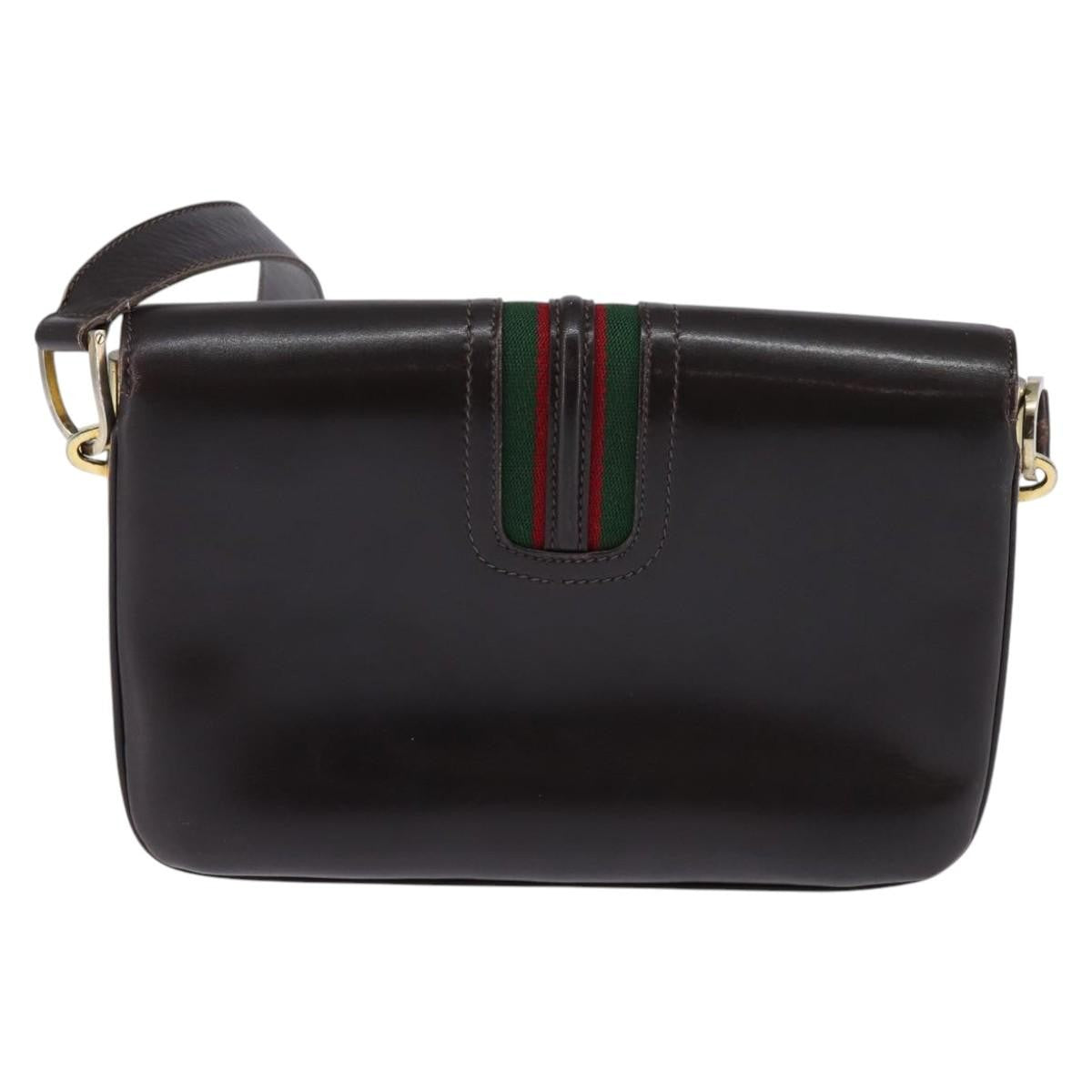 Gucci GUCCI Web Sherry Line Shoulder Bag Leather Dark Brown Gold Red Authentic ep11429