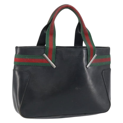 Gucci GUCCI Web Sherry Line Hand Bag Leather Black Silver 73984 Authentic 158386