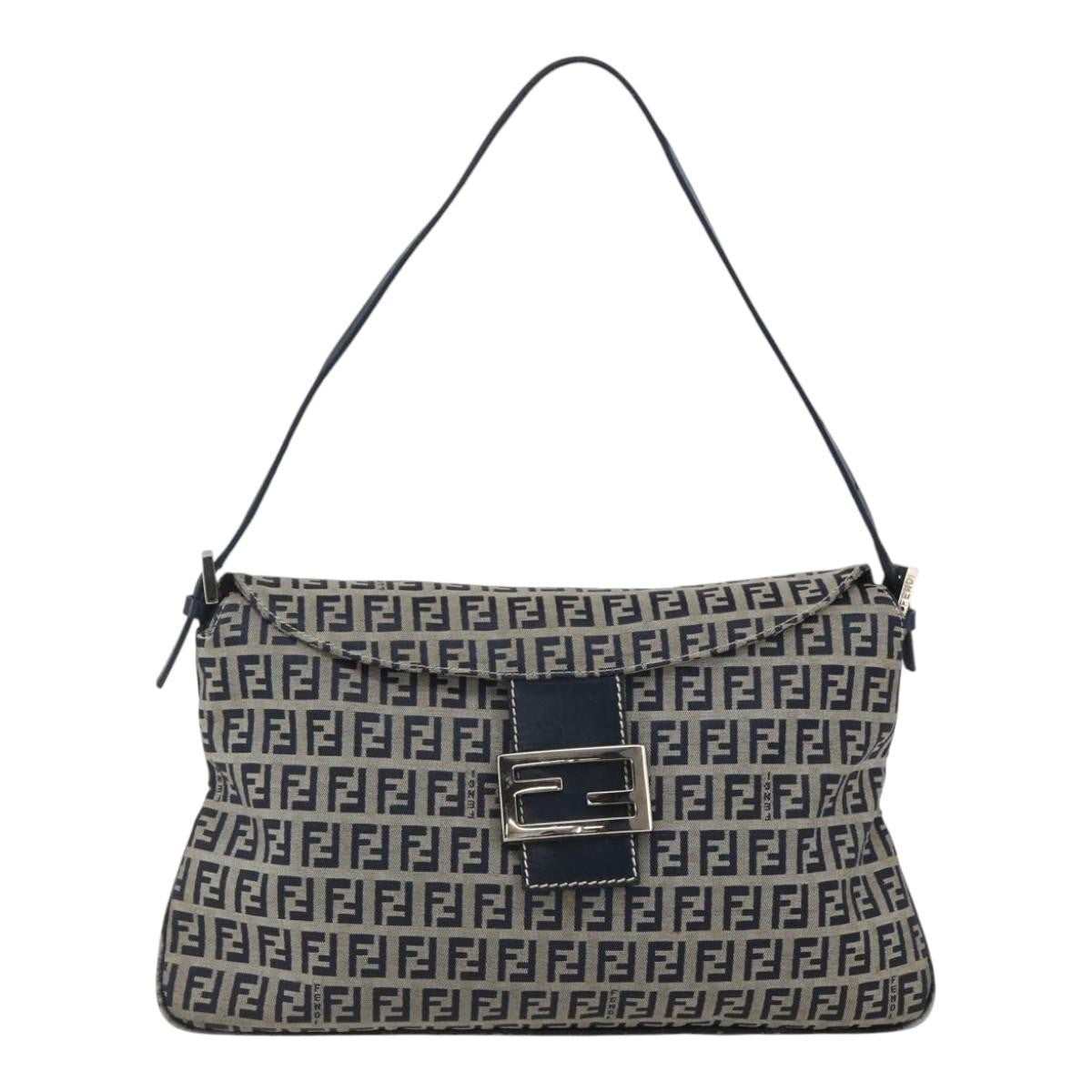 Fendi FENDI Zucchino Canvas Shoulder Bag Navy Silver Authentic 159737