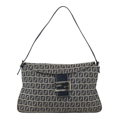 Fendi FENDI Zucchino Canvas Shoulder Bag Navy Silver Authentic 159737