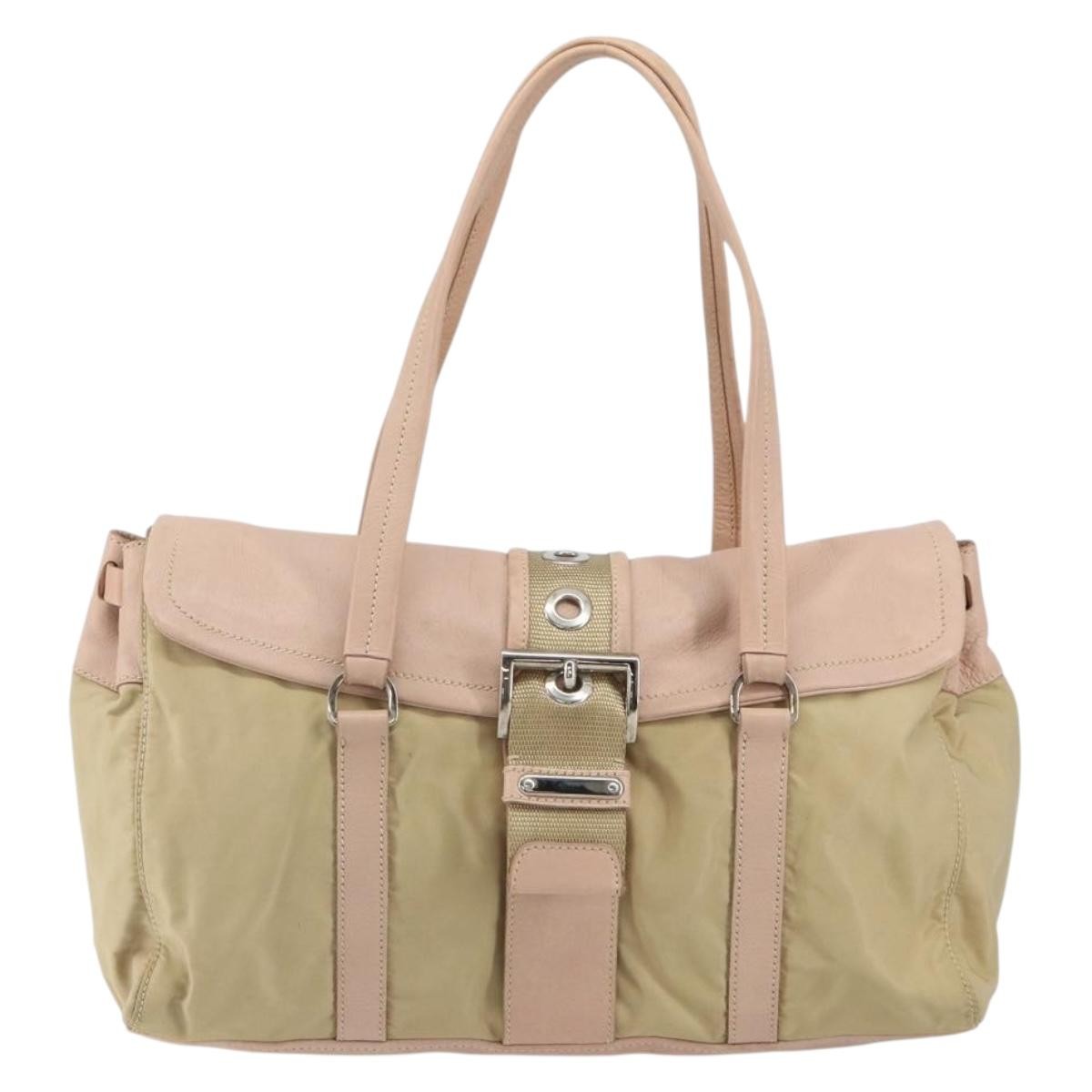 Prada PRADA Tote Bag Nylon Leather Beige Silver Authentic ep12684