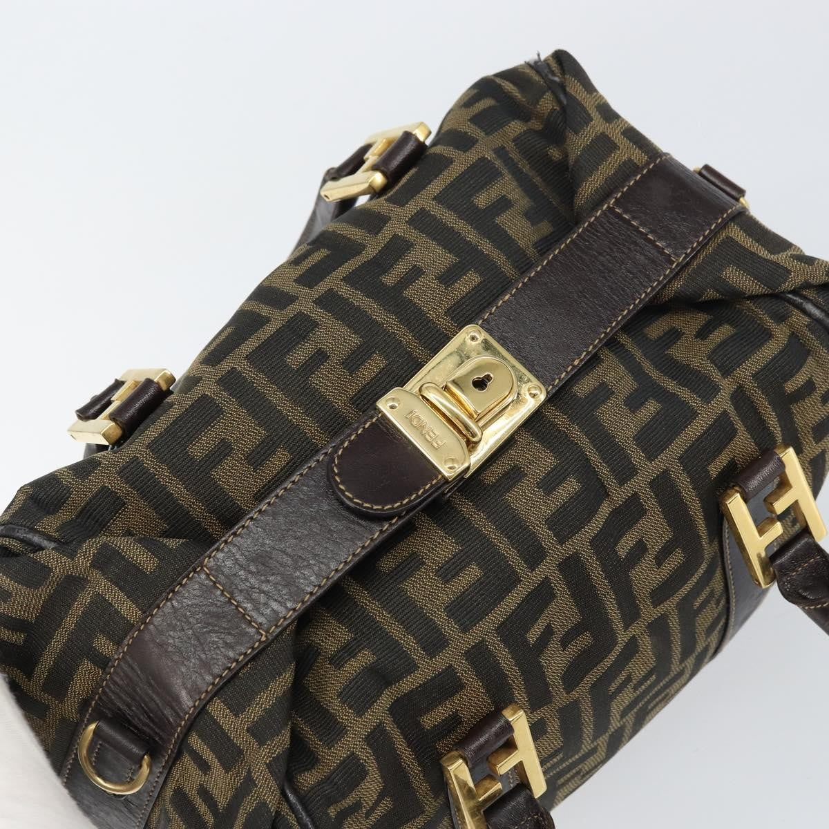 Fendi FENDI Zucca Canvas Hand Bag Black Brown gold Authentic 155701