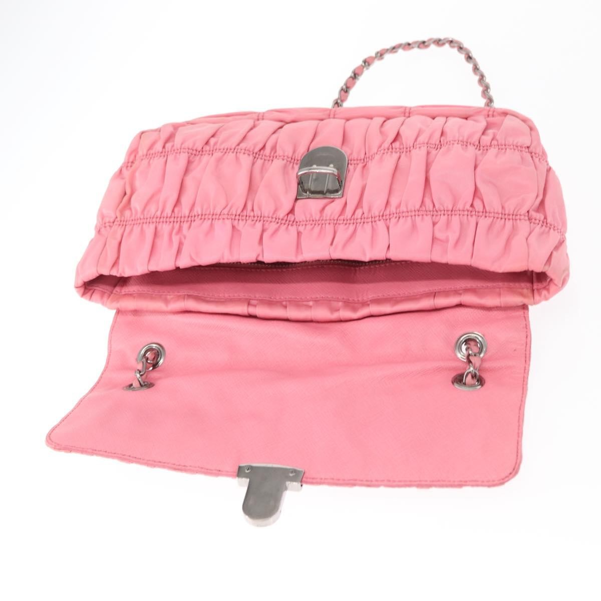 Prada PRADA Gathered Chain Shoulder Bag Nylon Pink Silver Authentic 161419