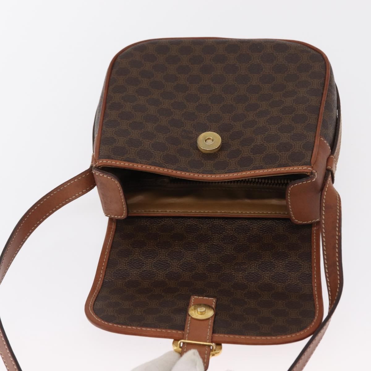 Celine CELINE Macadam Canvas Shoulder Bag PVC Leather Brown Gold Authentic BA9074