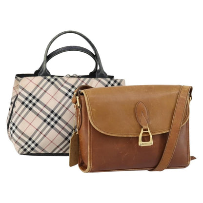 Burberry BURBERRY Nova Check Hand Bag Nylon Leather 2 Set Beige Brown Authentic 150325