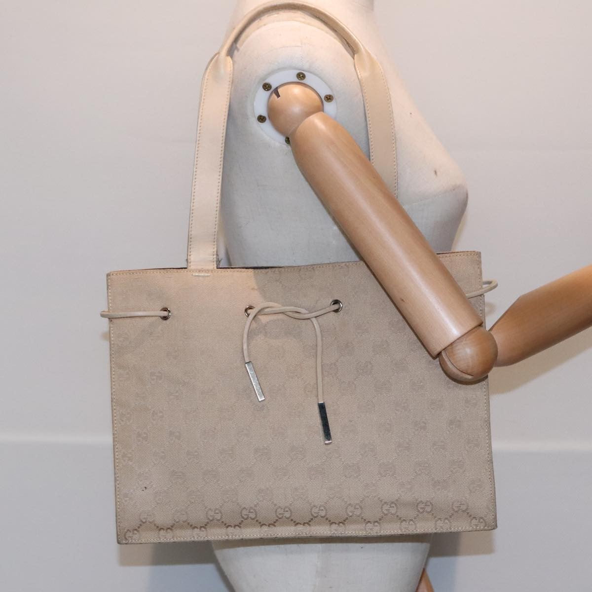 Gucci GUCCI GG Canvas Tote Bag Beige Silver 002 1053 Authentic 90509