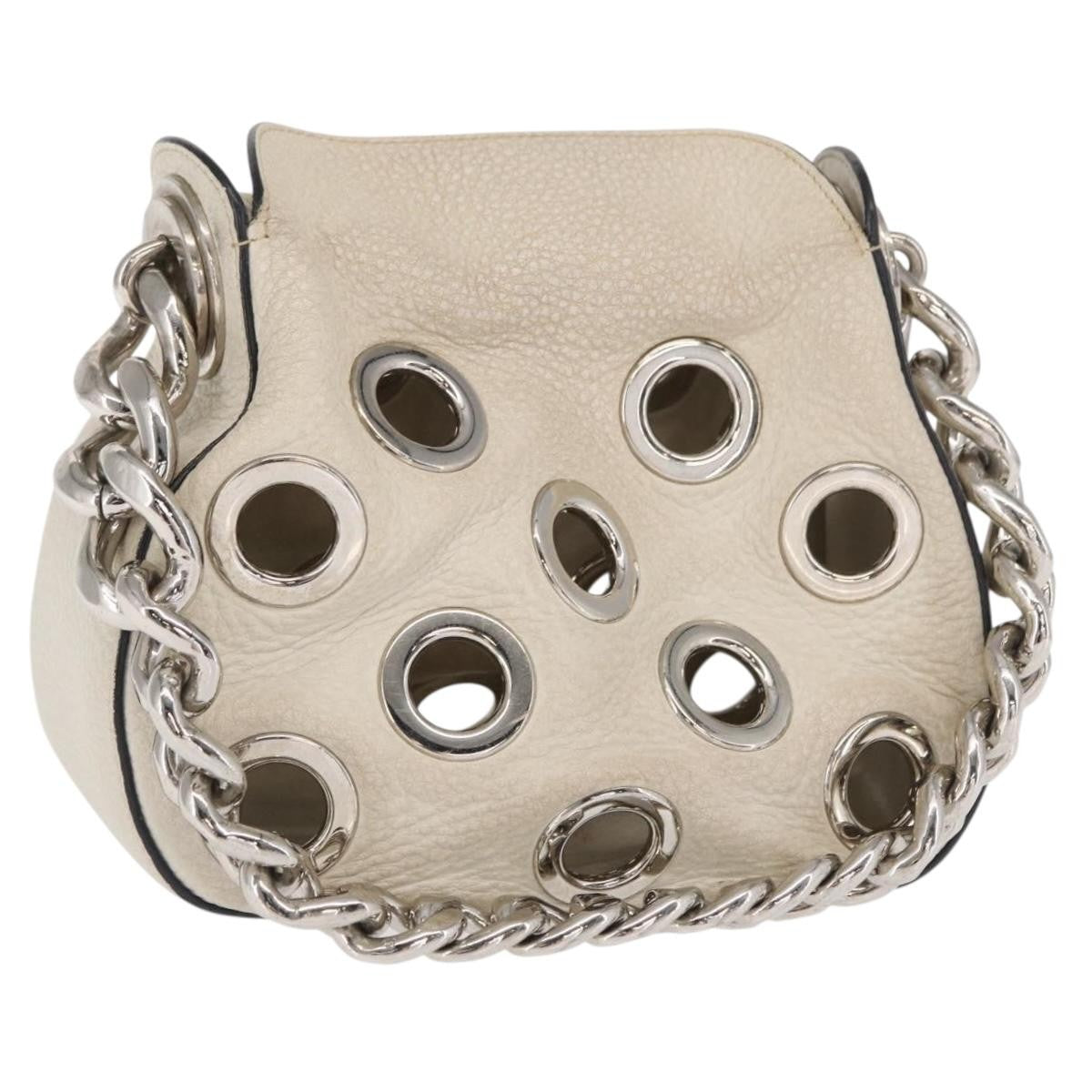 Prada PRADA Grommet Punching Chain Hand Bag Leather Ivory Silver Authentic 165205