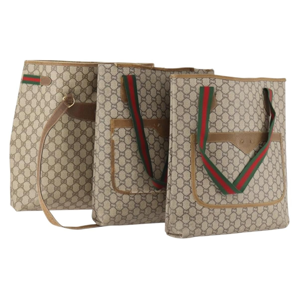 Gucci GUCCI GG Plus Supreme Web Sherry Line Tote Bag PVC 3 Set Beige Red Authentic BSZ437
