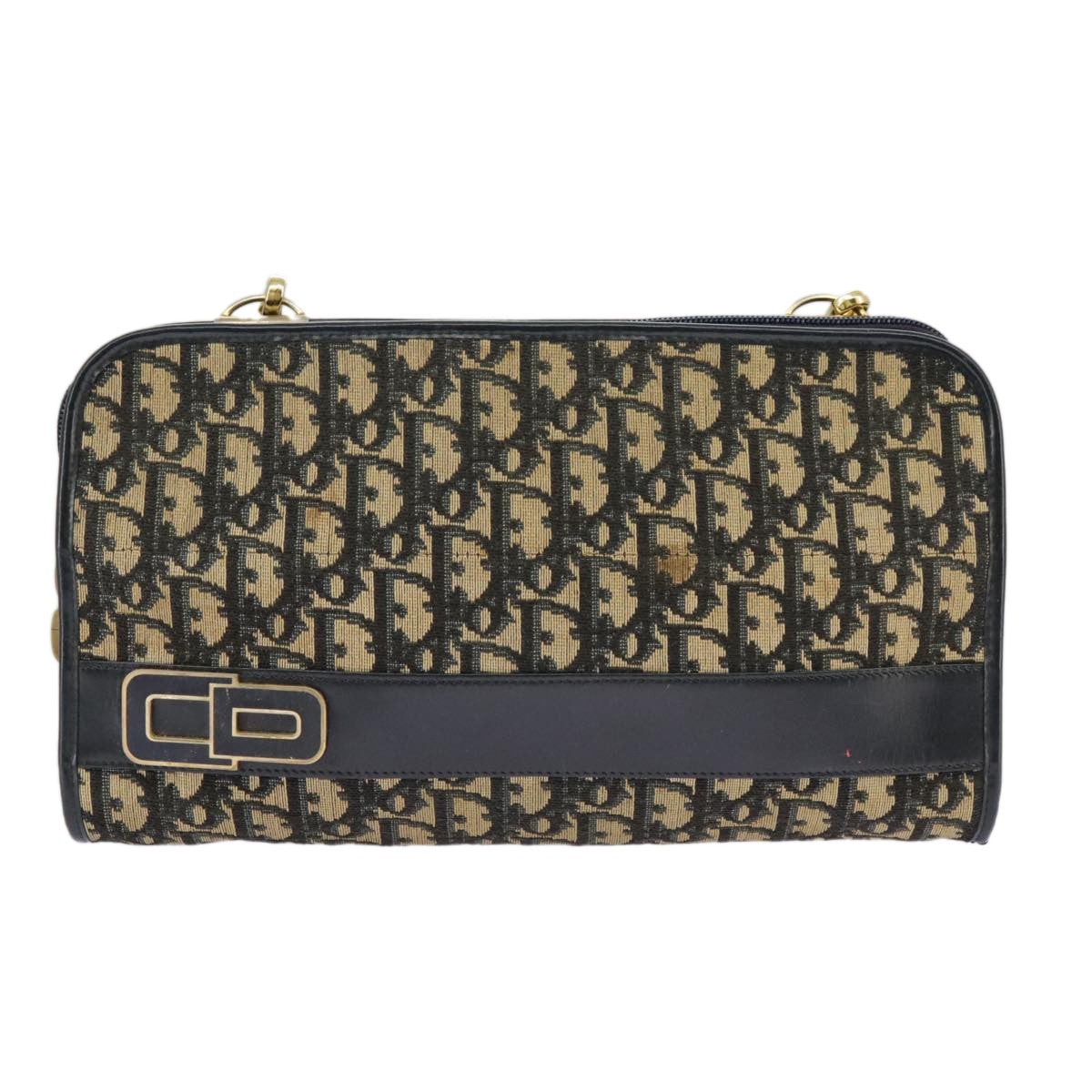 Dior Christian Dior Trotter Canvas Shoulder Bag Navy Gold Authentic 98475