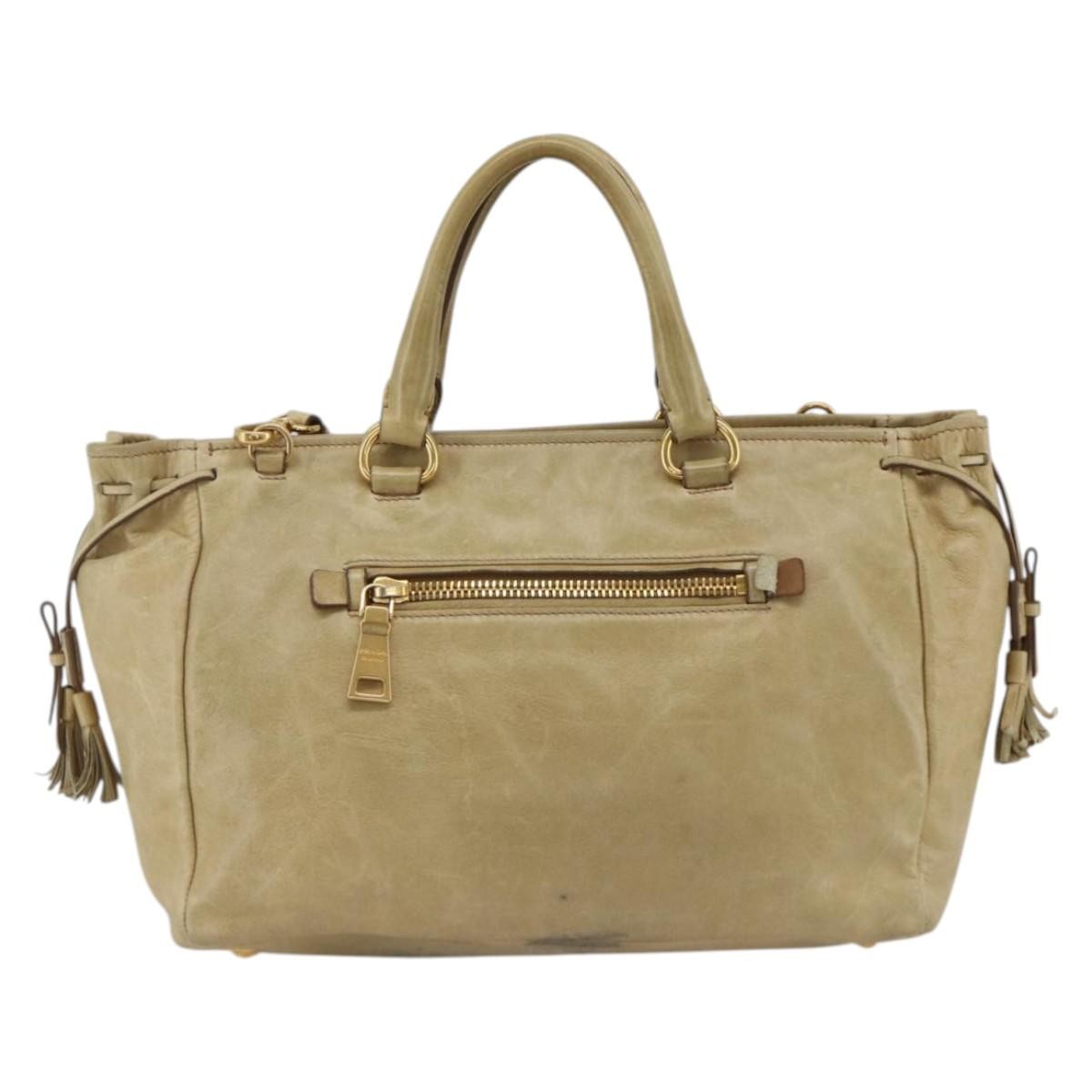 Prada PRADA Hand Bag Leather 2way Beige Gold Authentic 174345