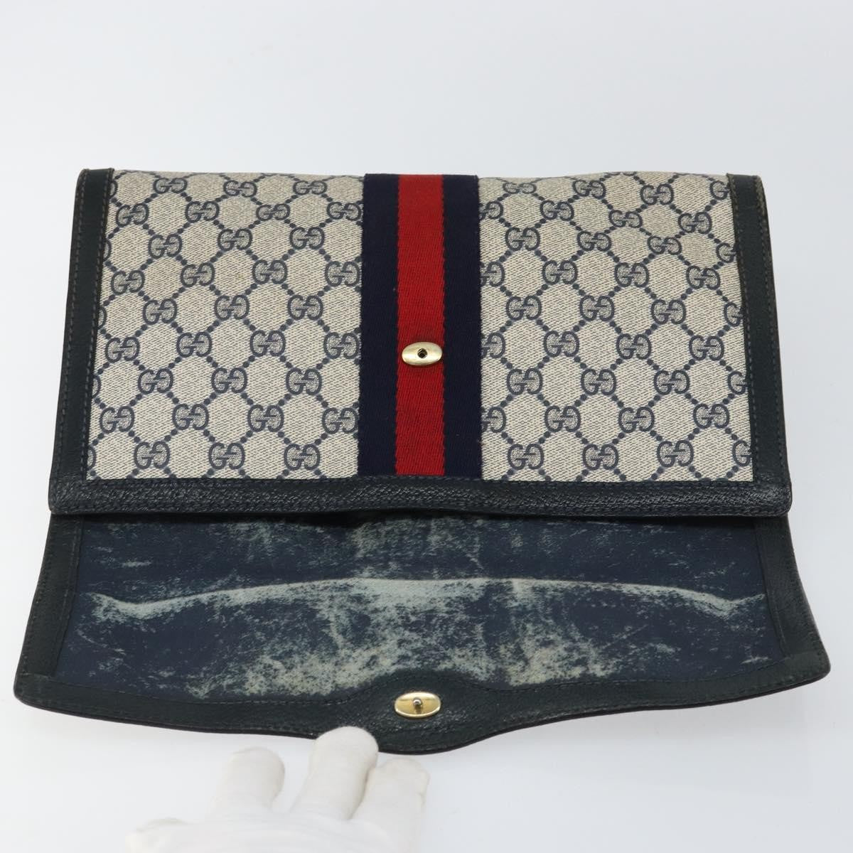 Gucci GUCCI GG Supreme Sherry Line Clutch Bag PVC Navy Red 84 01 007 Authentic 153350