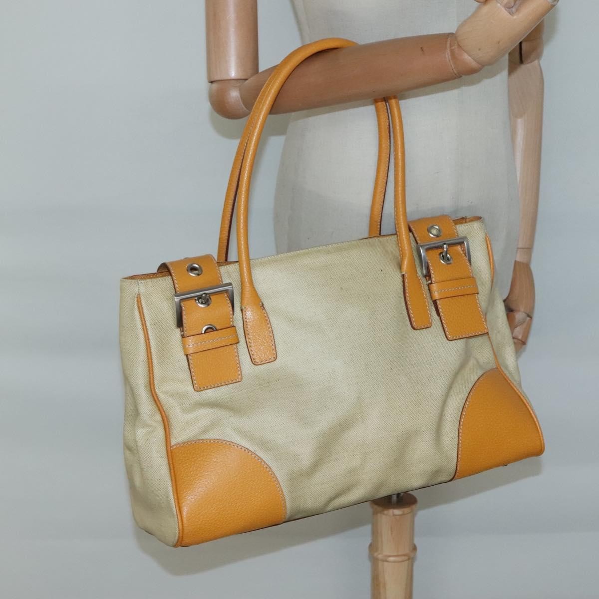 Prada PRADA Hand Bag Canvas Beige Silver Authentic 127392