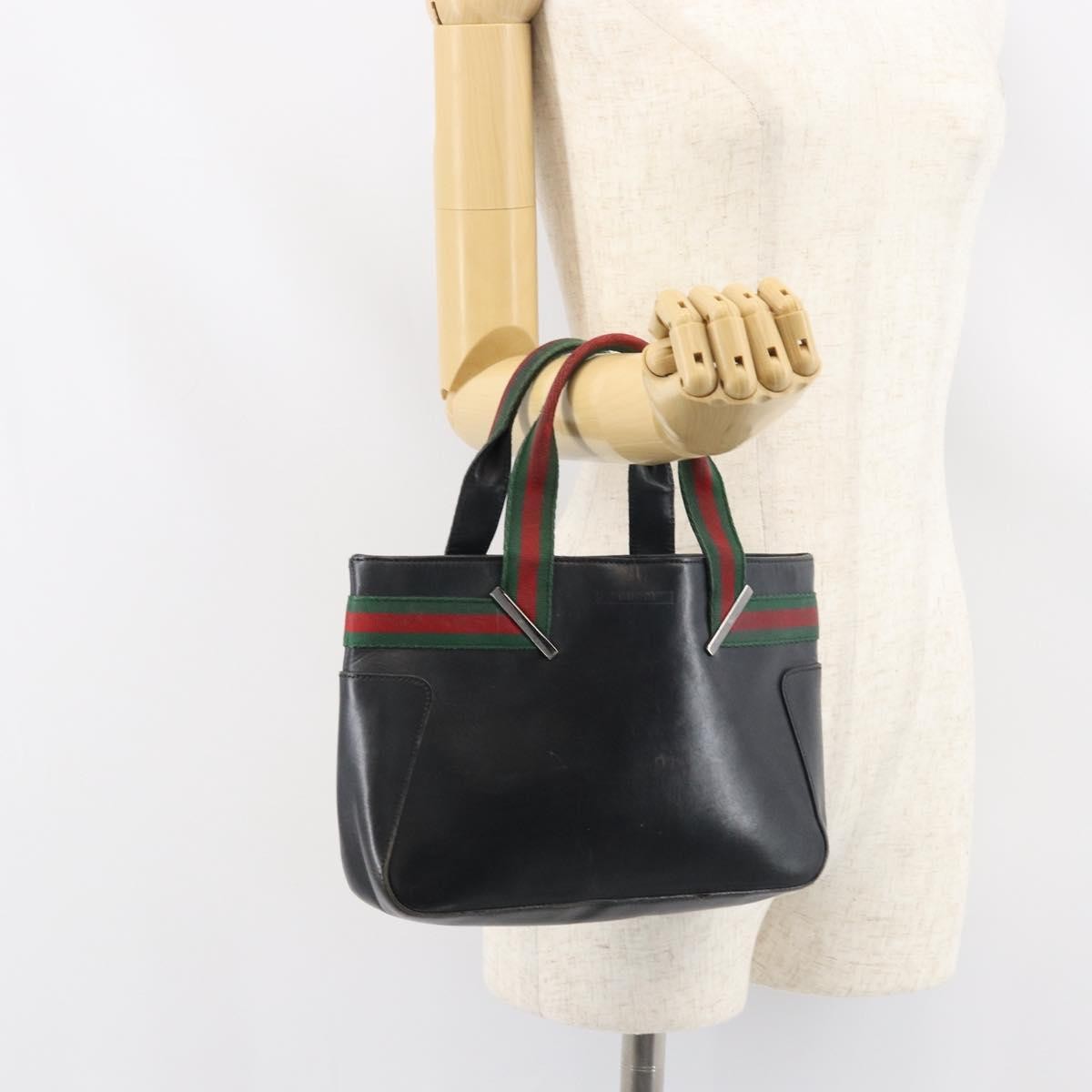 Gucci GUCCI Web Sherry Line Hand Bag Leather Black Silver 73984 Authentic 158386