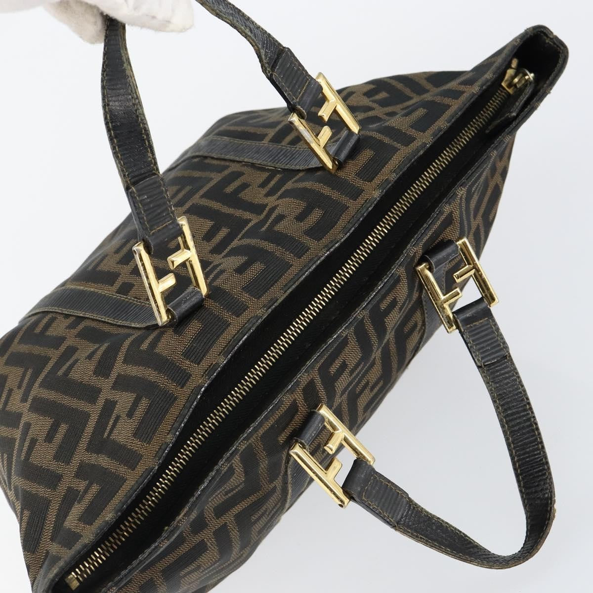 Fendi FENDI Zucca Canvas Hand Bag Brown Black gold Authentic 146809