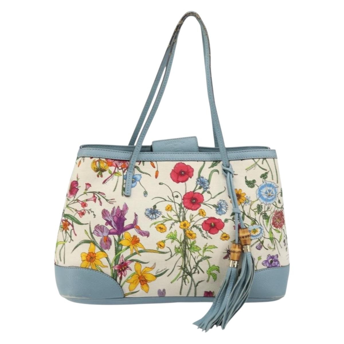 Gucci GUCCI Bamboo Flora Tote Bag Canvas Multicolor Gold 358470 Authentic hk3538