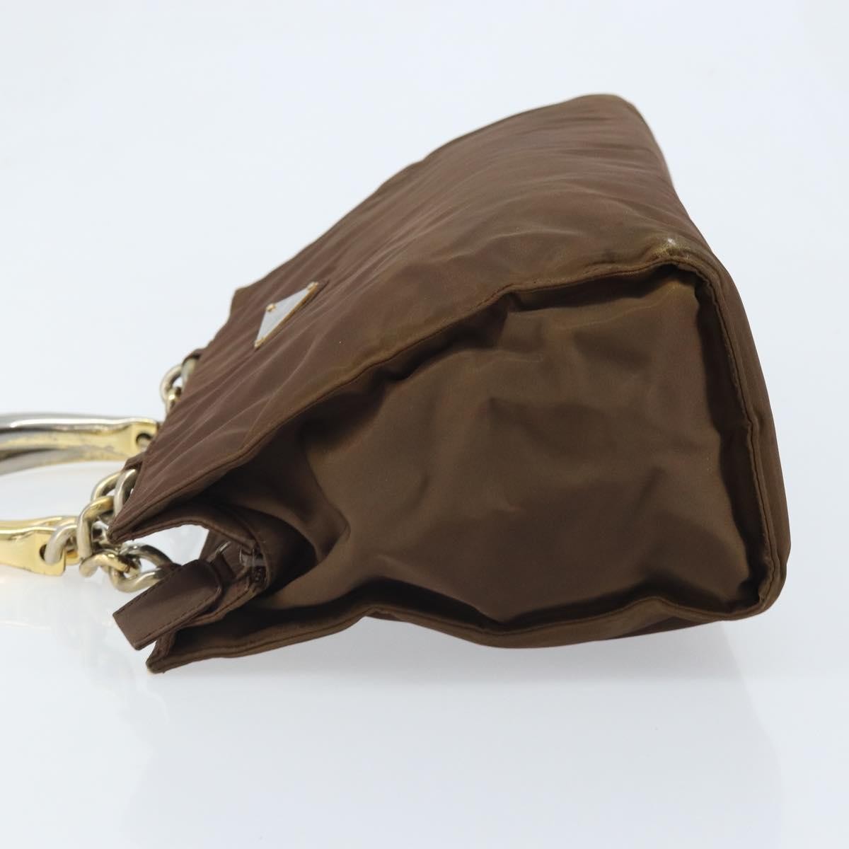 Prada PRADA Chain Hand Bag Nylon Brown Gold Authentic YKZ136