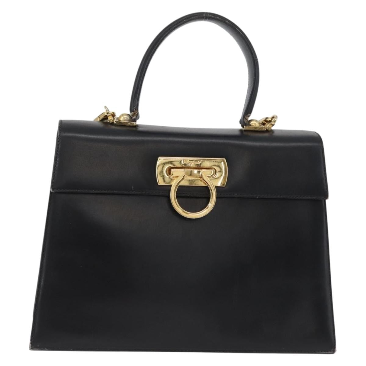 Salvatore Ferragamo Salvatore Ferragamo Gancini Hand Bag Leather 2way Black Gold Authentic ARZ228