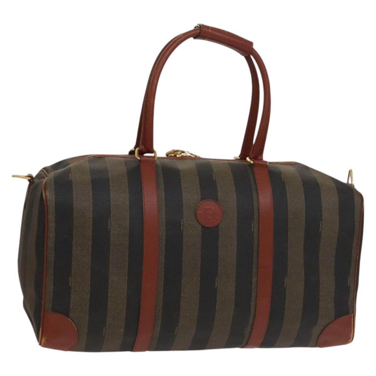 Fendi FENDI Pecan Canvas Boston Bag Black Brown gold Authentic ep10025