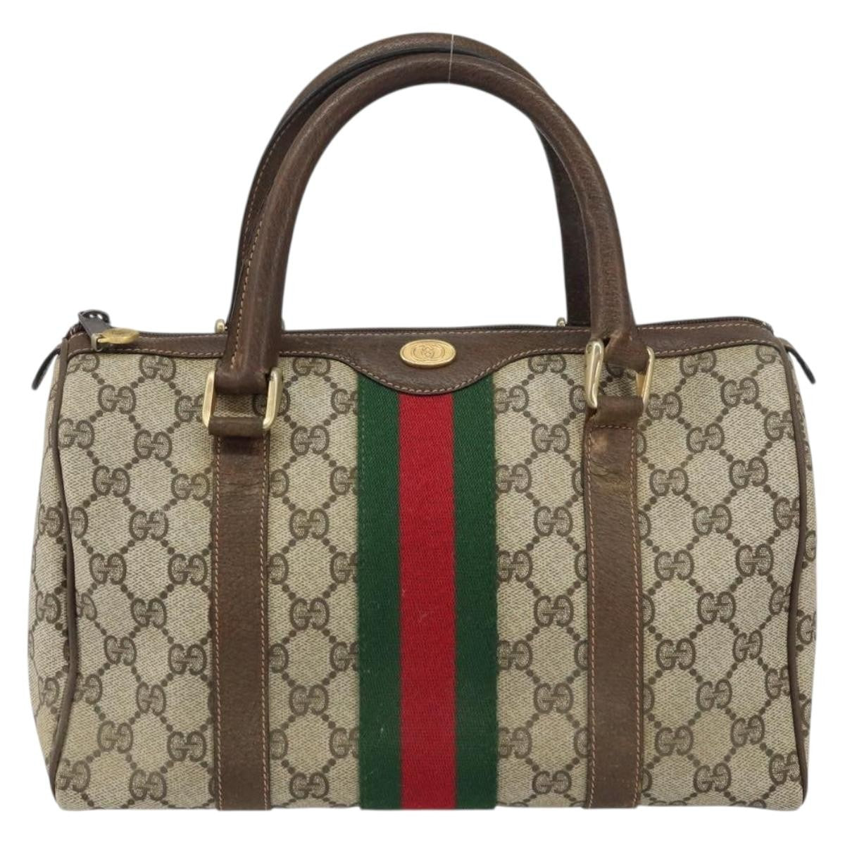 Gucci GUCCI GG Supreme Web Sherry Line Boston Bag PVC Beige Gold 010 378 Authentic 159328