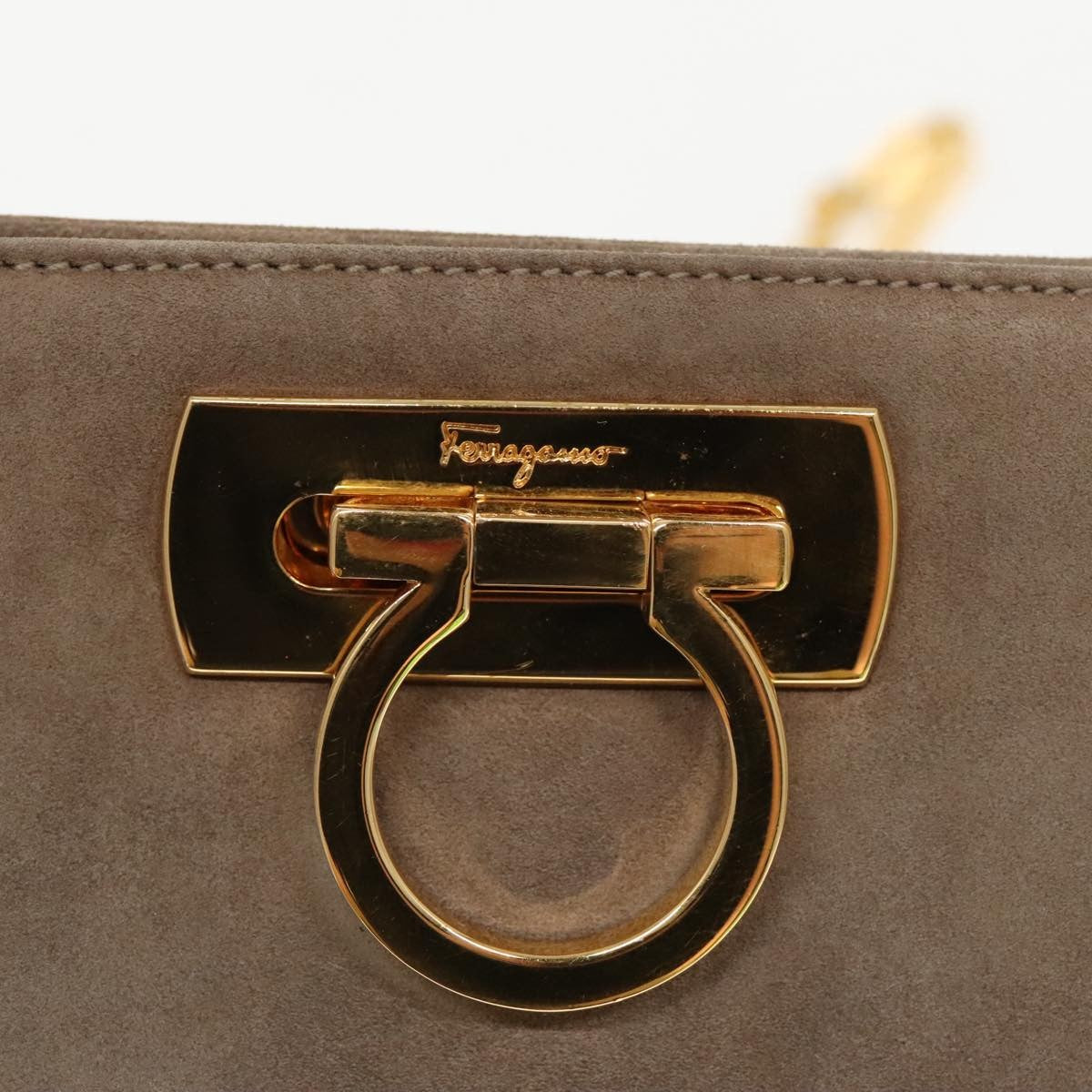 Salvatore Ferragamo Salvatore Ferragamo Gancini Chain Shoulder Bag Suede Gray Gold Authentic 96186