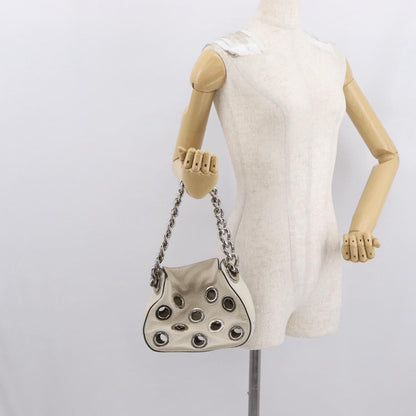 Prada PRADA Grommet Punching Chain Hand Bag Leather Ivory Silver Authentic 165205