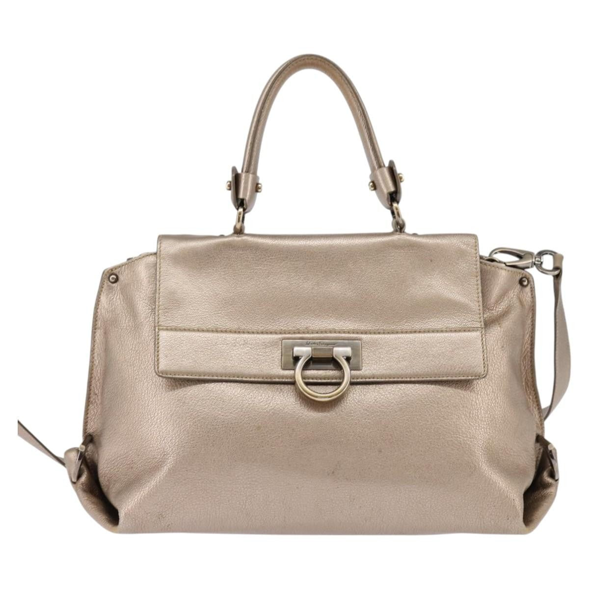 Salvatore Ferragamo Salvatore Ferragamo Gancini Hand Bag Leather 2way Beige Gold Authentic BA5964