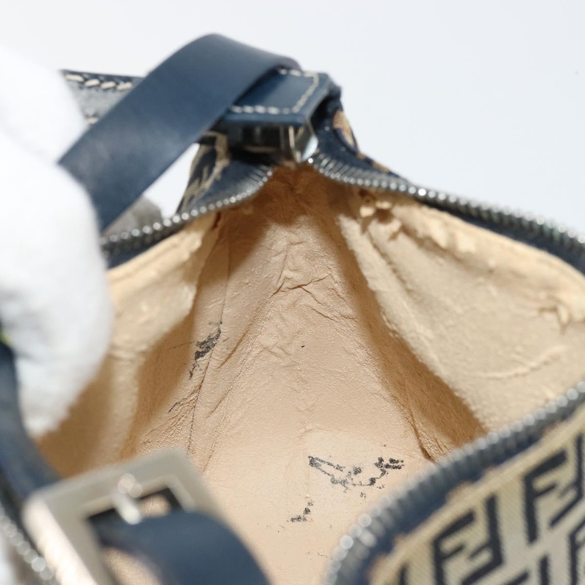Fendi FENDI Zucchino Canvas Hand Pouch Bag Navy Silver Authentic 177481