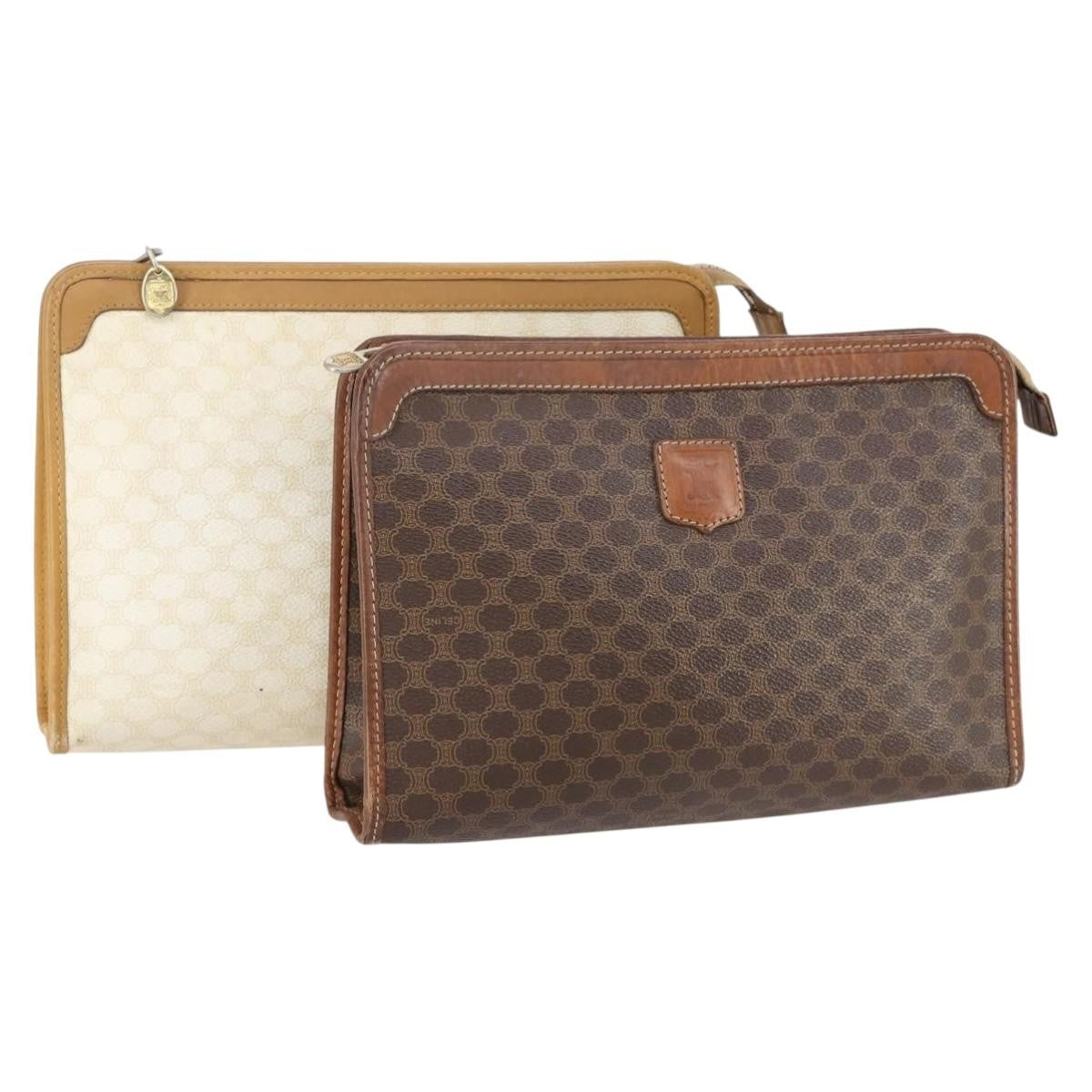 Celine CELINE Macadam Canvas Clutch Bag PVC Leather 2 Set Brown Beige Authentic 150205