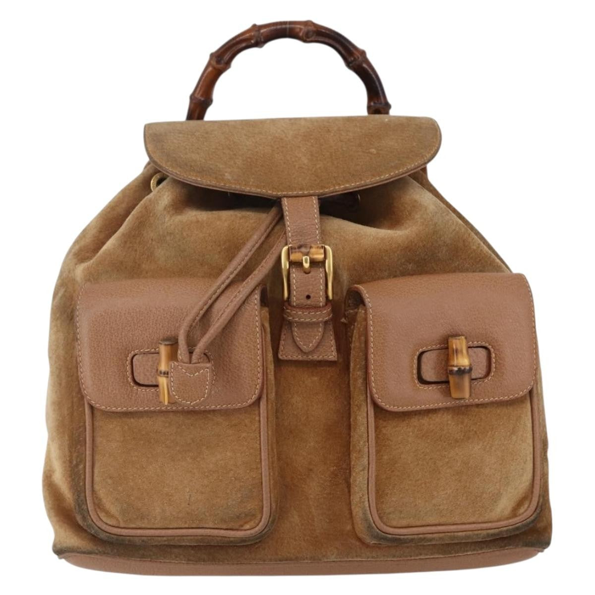 Gucci GUCCI Bamboo Backpack Suede Brown Gold 003 2058 0016 Authentic 148819 Bag