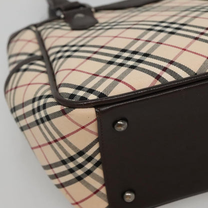 Burberry BURBERRY Nova Check Hand Bag Canvas Beige Silver Authentic ep9645