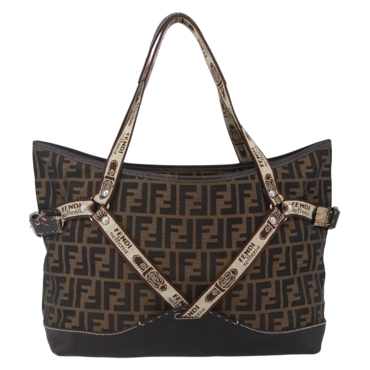 Fendi FENDI Zucca Canvas Celeria Tote Bag Black Brown Silver Authentic am9502