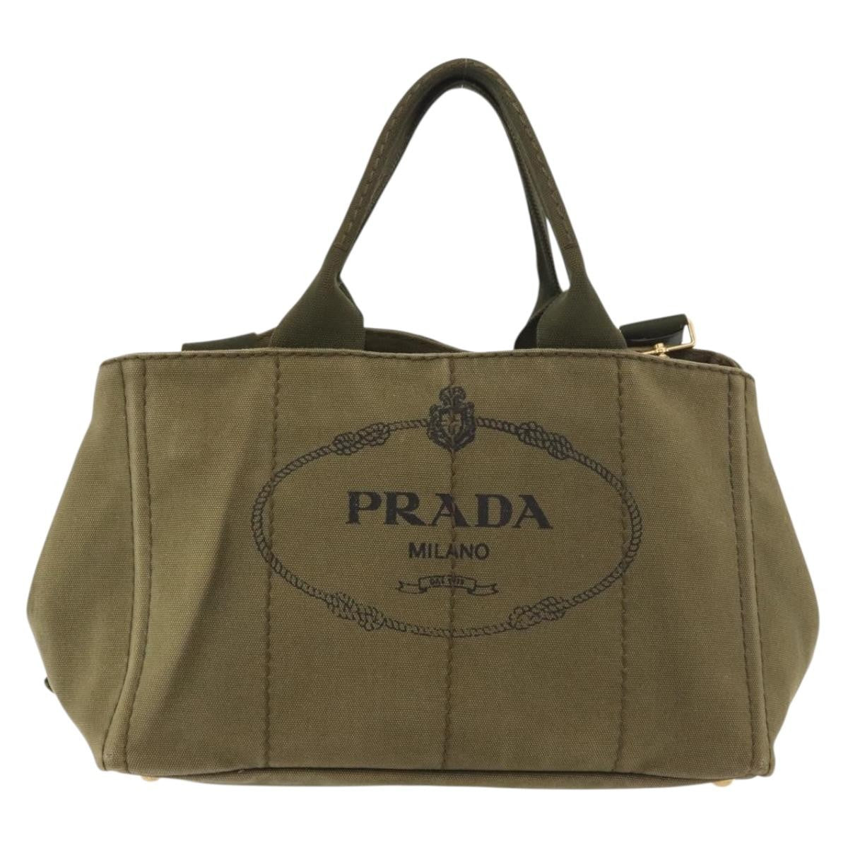 Prada PRADA Canapa MM Hand Bag Canvas 2way Khaki Gold Authentic ti3829