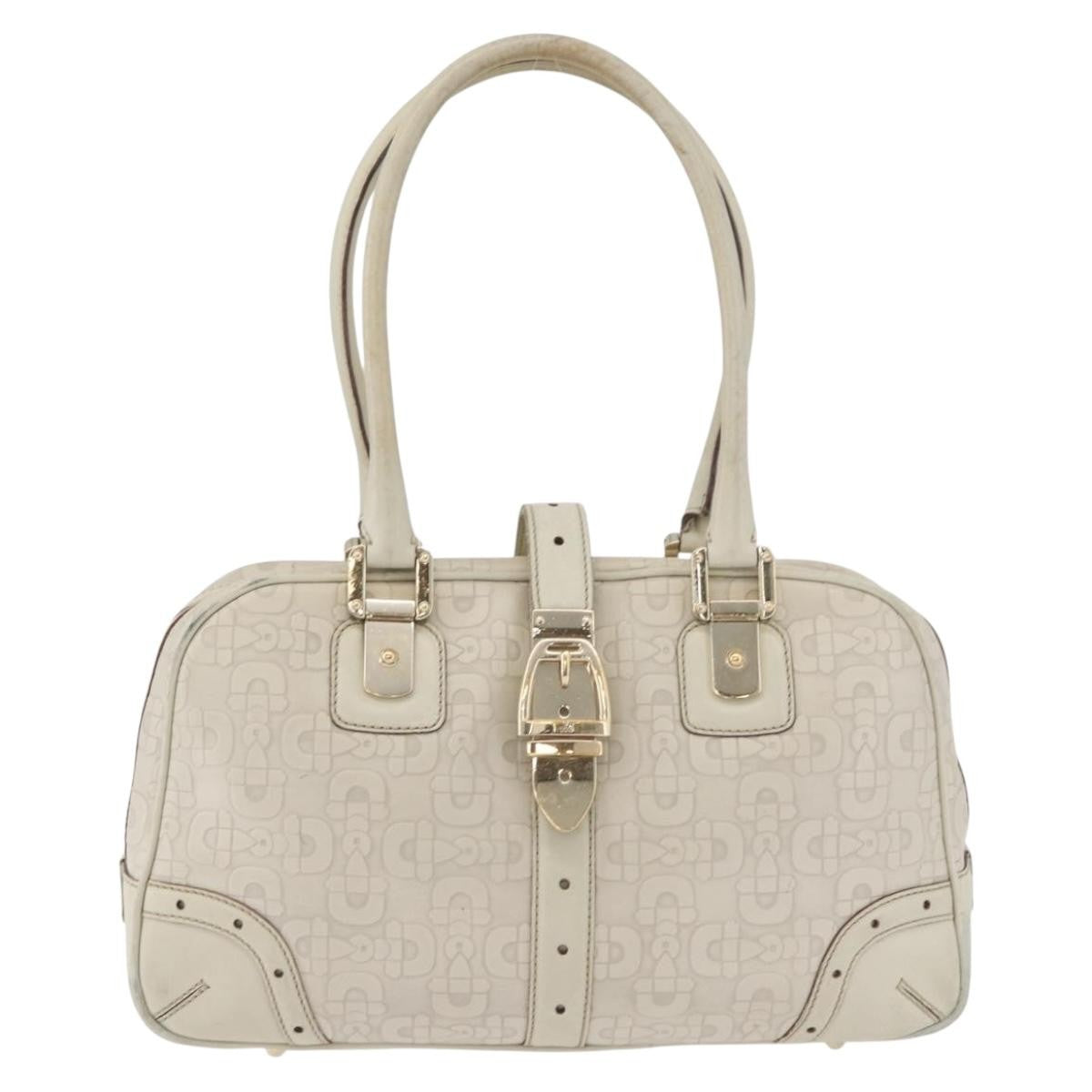 Gucci GUCCI Horsebit Hand Bag Leather White Gold 145770 Authentic bs34368