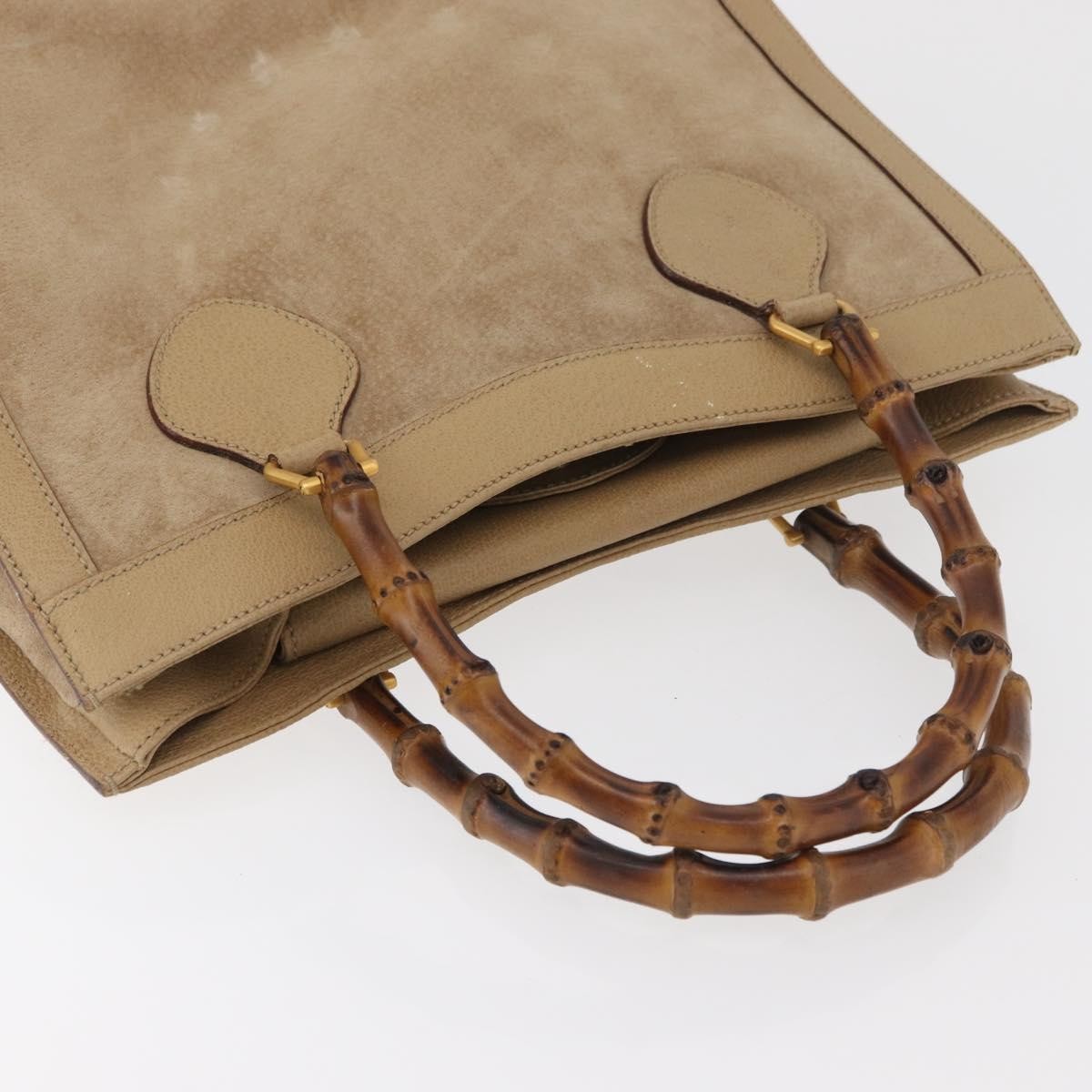 Gucci GUCCI Bamboo Hand Bag Suede Beige Gold 002.0260 Authentic ep14510