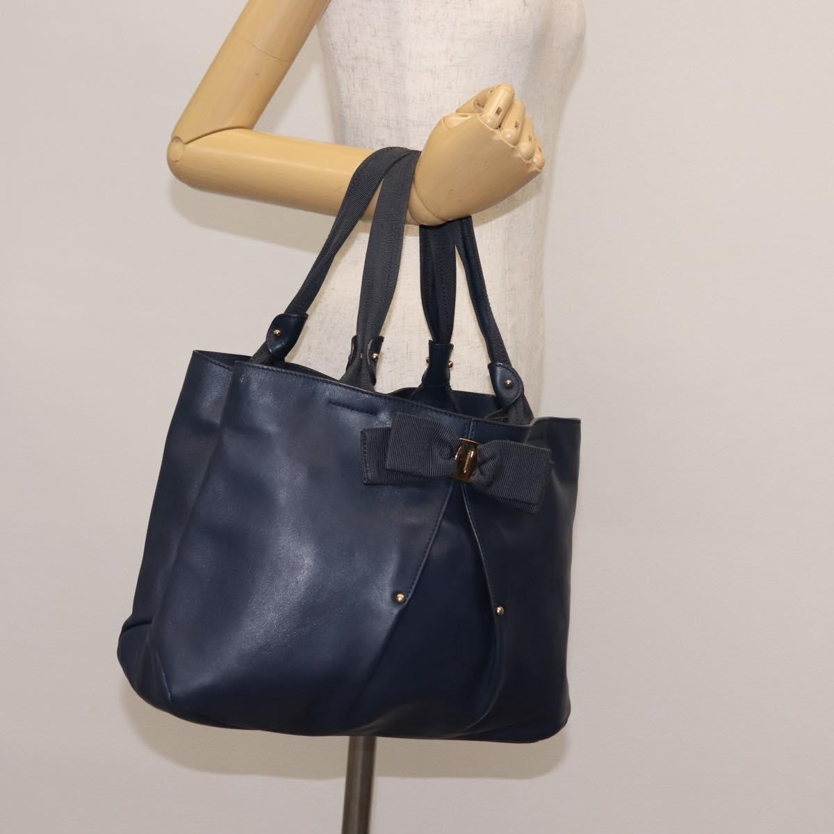 Salvatore Ferragamo Salvatore Ferragamo Vala Tote Bag Leather Navy Gold Authentic 145957