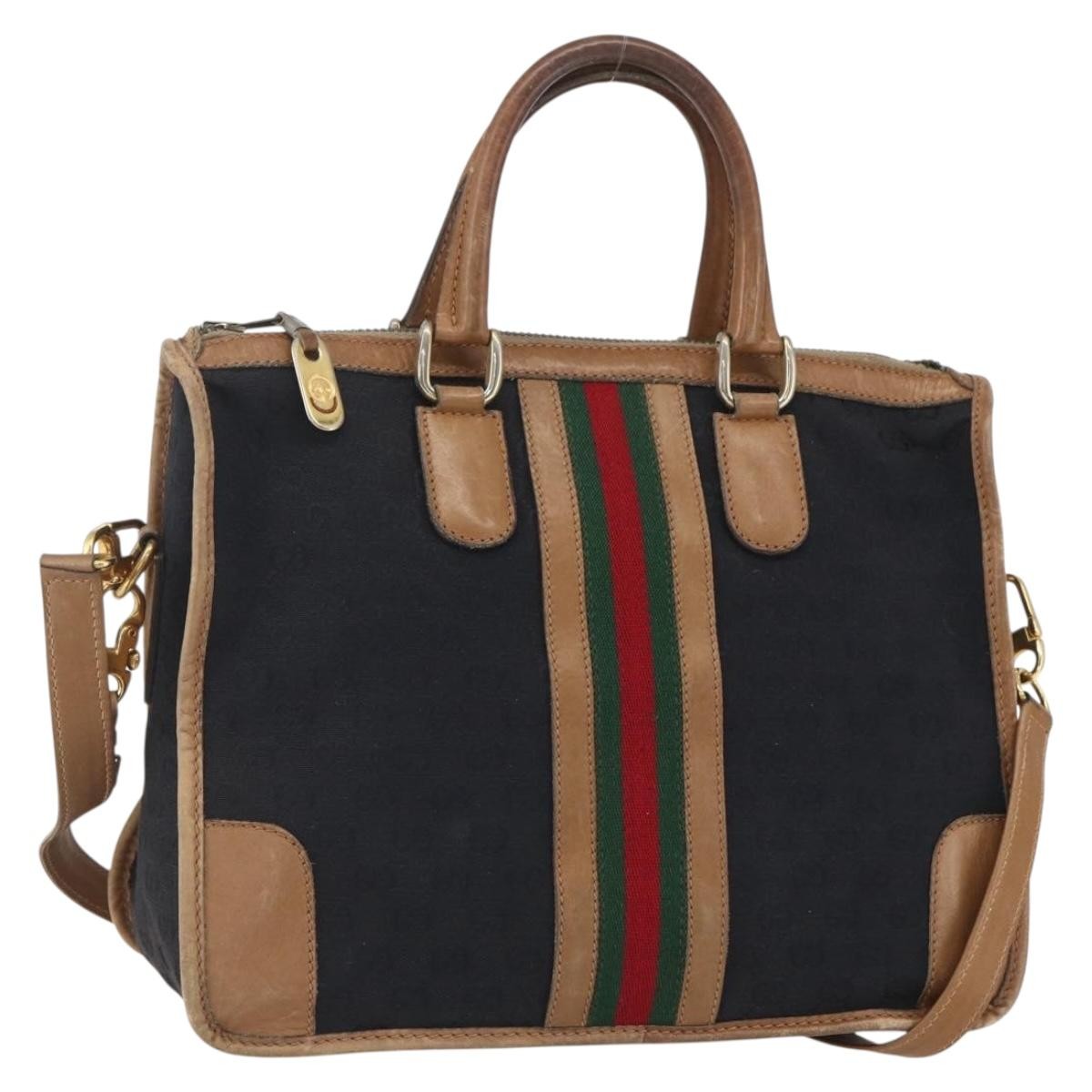 Gucci GUCCI Web Sherry Line GG Canvas Hand Bag 2way Black Gold Authentic gh1528