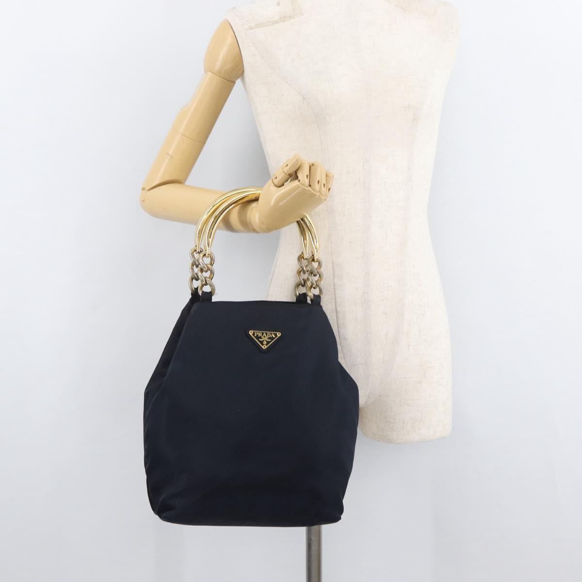 Prada PRADA Metal Handle Hand Bag Nylon Navy Gold Authentic 178739