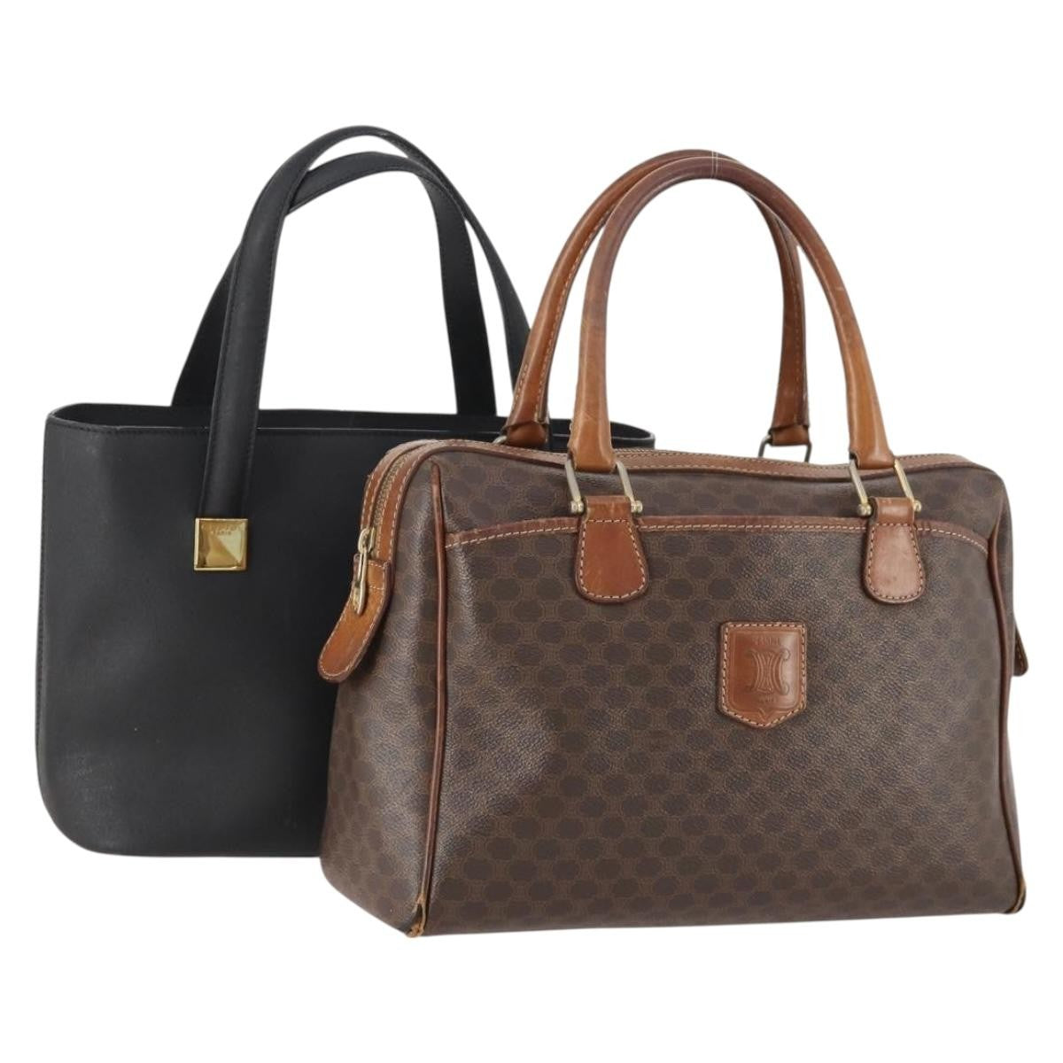 Celine CELINE Macadam Canvas Hand Bag PVC Leather 2 Set Brown Navy Authentic bs34088