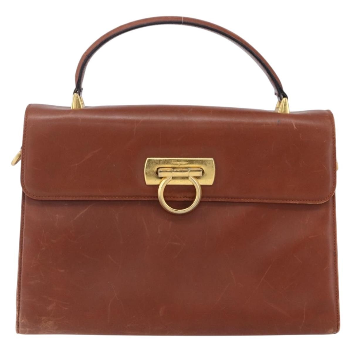 Salvatore Ferragamo Salvatore Ferragamo Gancini Hand Bag Leather Brown Gold Authentic 150384