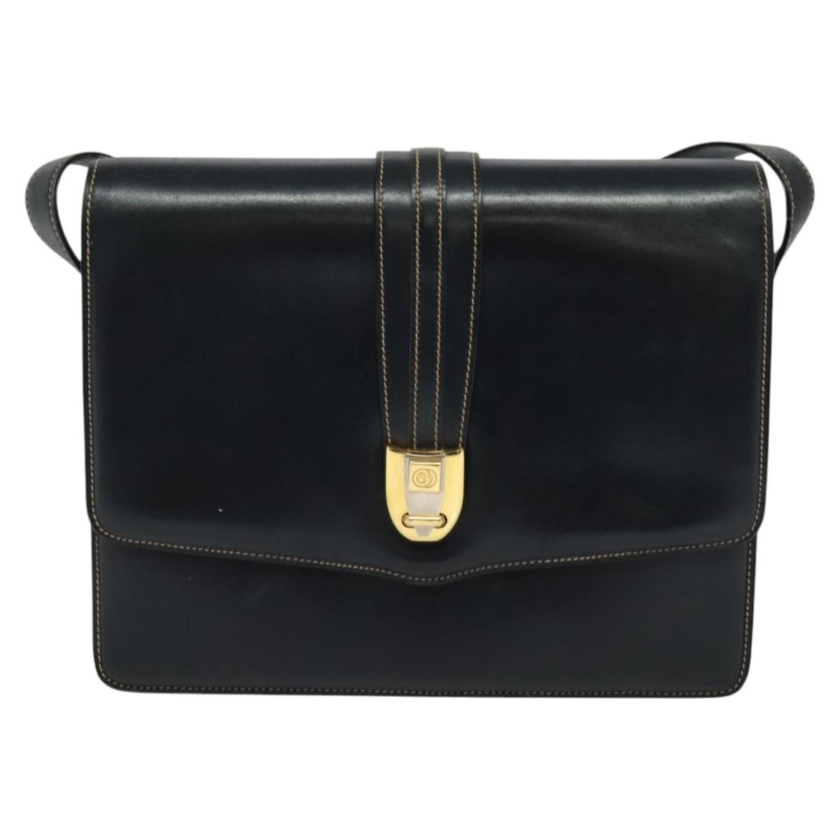 Gucci GUCCI Shoulder Bag Leather Navy Gold Authentic BD2006