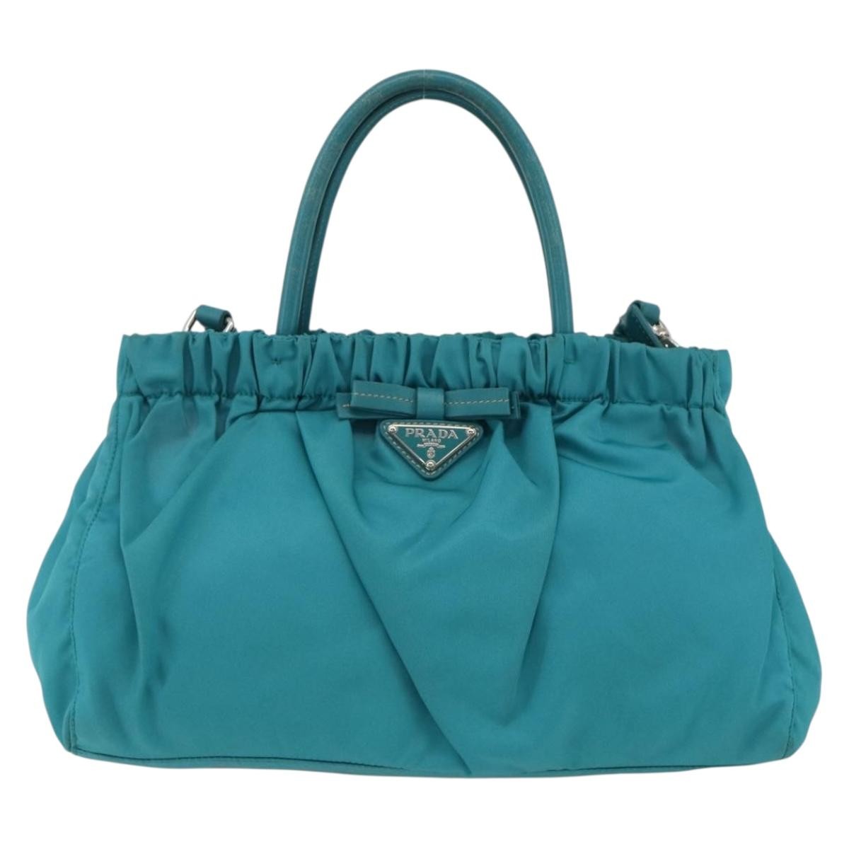 Prada PRADA Hand Bag Nylon 2way Turquoise Blue Silver Authentic gh1880A