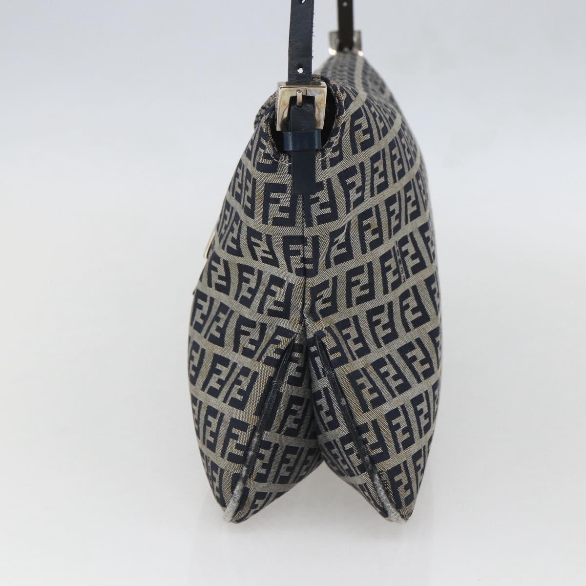 Fendi FENDI Zucchino Canvas Shoulder Bag Navy Silver Authentic 159737