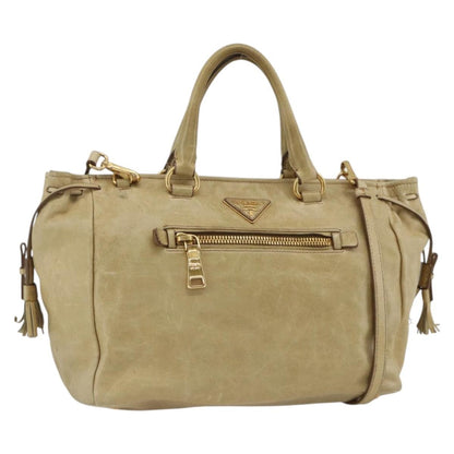 Prada PRADA Hand Bag Leather 2way Beige Gold Authentic 174345